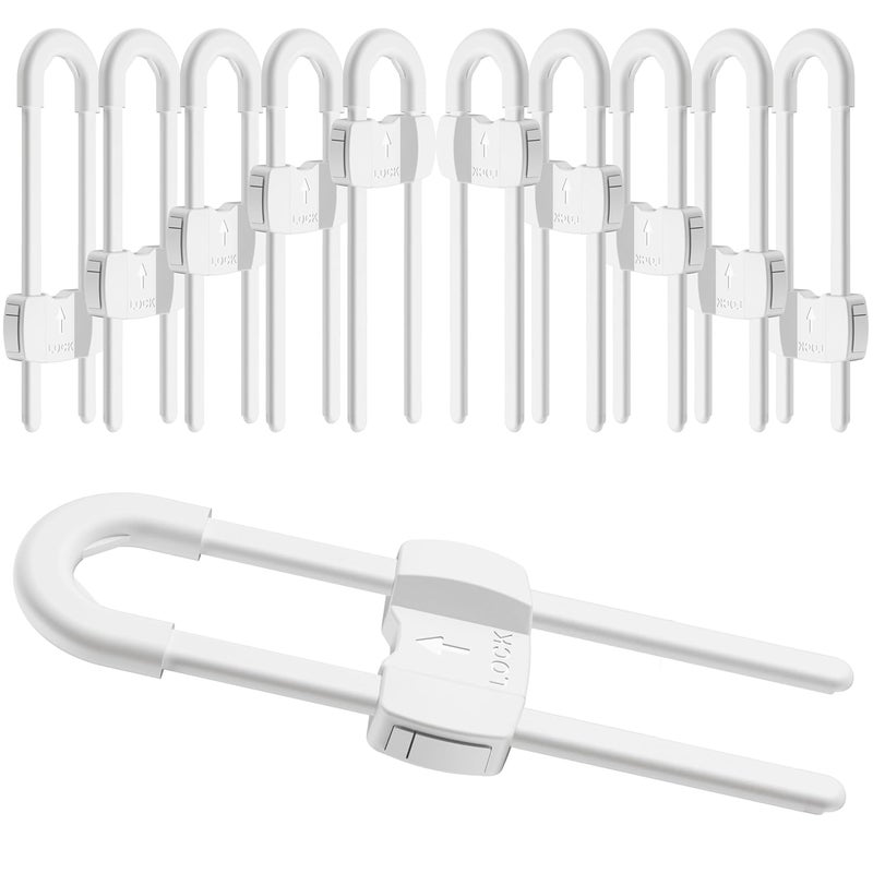 TERDEWE (10 pack white) 4 button Cabinet Locks, U-Shaped Proofing Drawers Safety Child Locks Adjustable, for Wardrobe,Kitchen,Bathroom,Drawer,Fridge,Cupboard Doors Knobs & Handles - Image 1